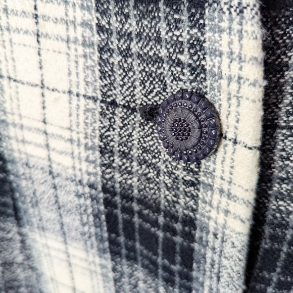 Long Plaid Blazer Statement Buttons Soft Woven Cream Grey Black Lined Collarless - Picture 2 of 5